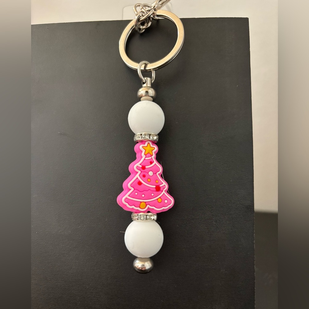 Pink Christmas Tree Keychain with White Beads